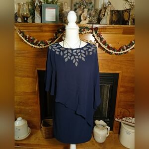 X By Xscape Navy Embellished Chiffon Overlay Dress